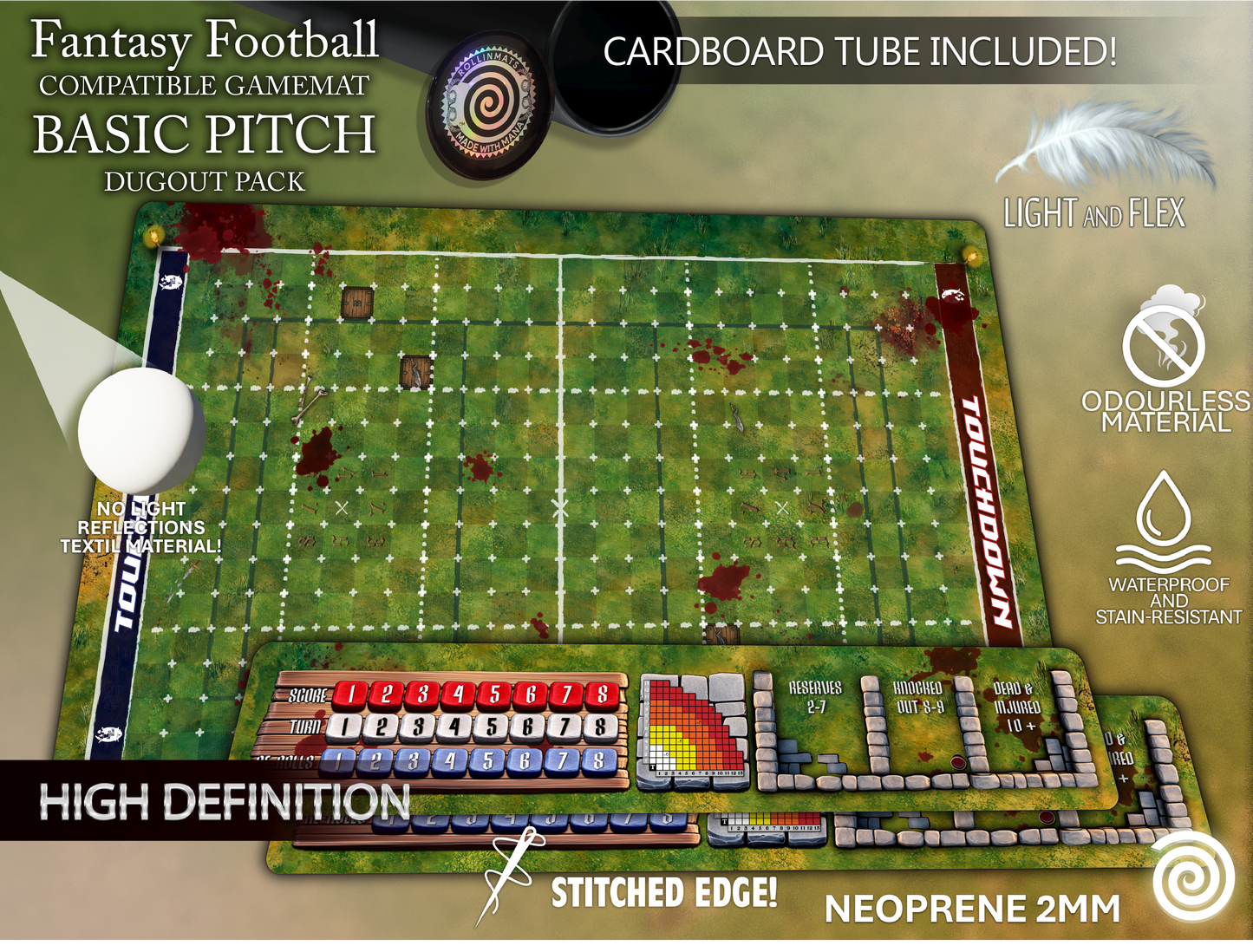 Fantasy Football BB 3rd Season compatible Gamemats (Pack Basic pitch + Dugouts)