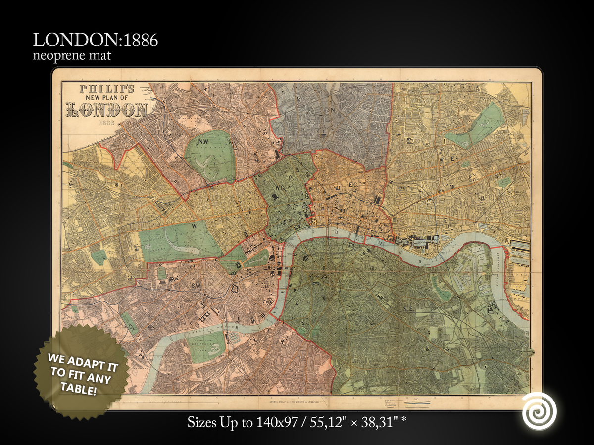 London 1886 Vintage map Neoprene mat Oversizes and Custom Cut available