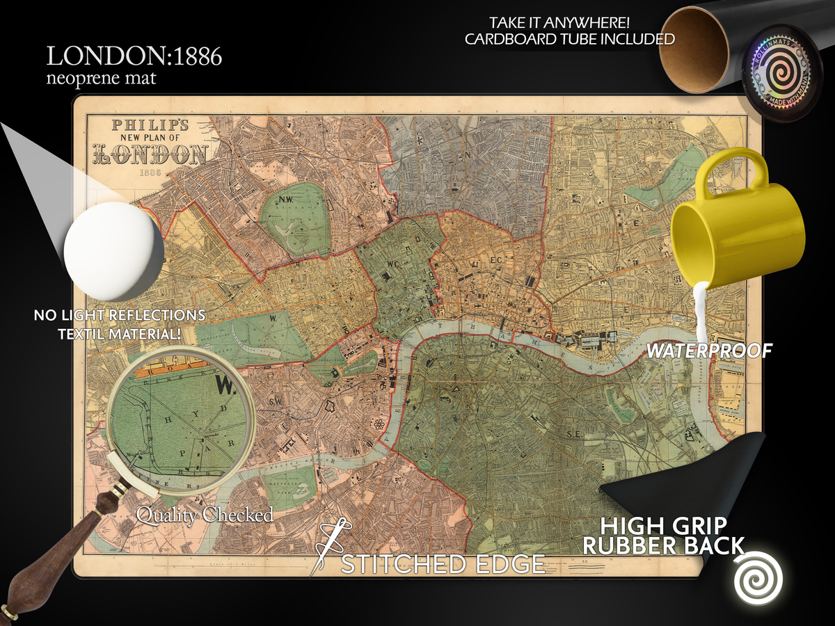 London 1886 Vintage map Neoprene mat Oversizes and Custom Cut available