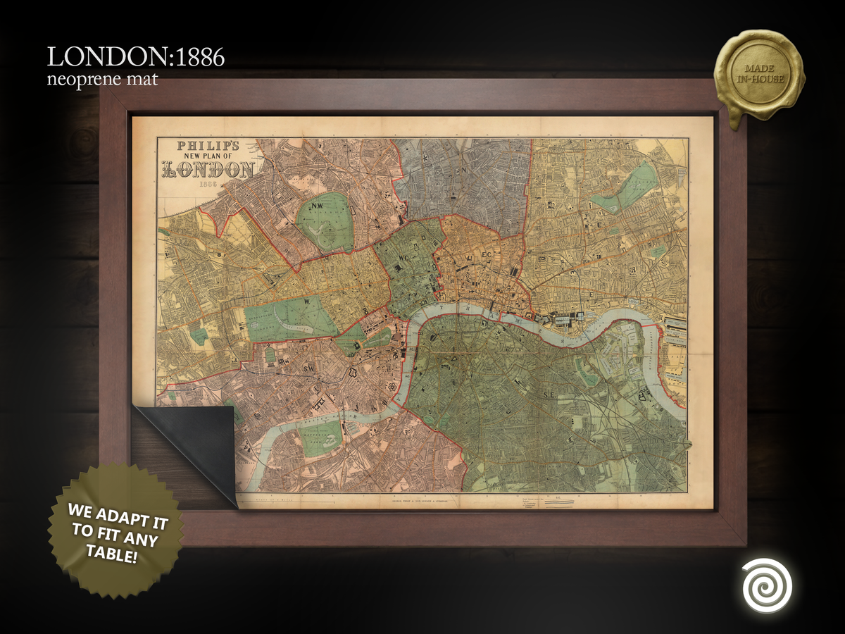 London 1886 Vintage map Neoprene mat Oversizes and Custom Cut available