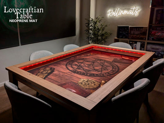 Lovecraftian neoprene table playmat on a gaming table