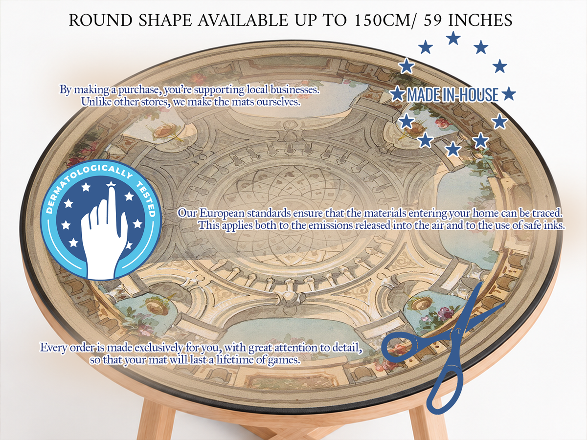 Custom round playmat fitted to a gaming table