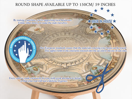 Custom round playmat fitted to a gaming table