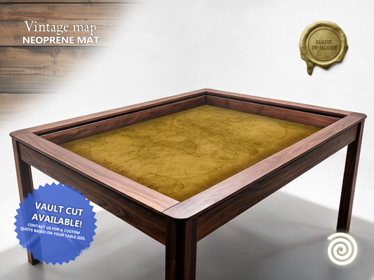 Vintage map custom neoprene mat fitted to a gaming table vault