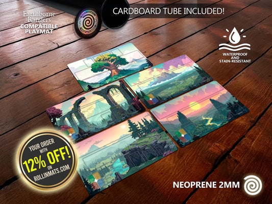 A set of 2mm neoprene playmats for Earthborne Rangers, featuring vibrant nature-inspired designs with trees, mountains, and sunsets. Waterproof, stain-resistant, and includes a storage tube. Get 12% OFF at Rollinmats.com.