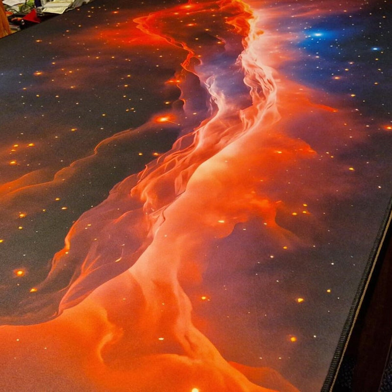 Custom galaxy nebula game mat with stitched edges