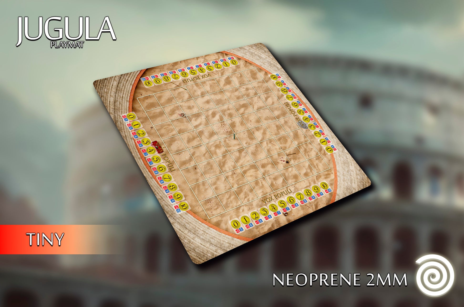 Playmat para el juego demesa Jugula. Se trata de un tablero de neopreno,que se puede enrollar y desenrollar sin crear arrugas. Esto permite transportarlo y guardarlo rápidamente. Si eres un gladiado. tienes que tenerlo.