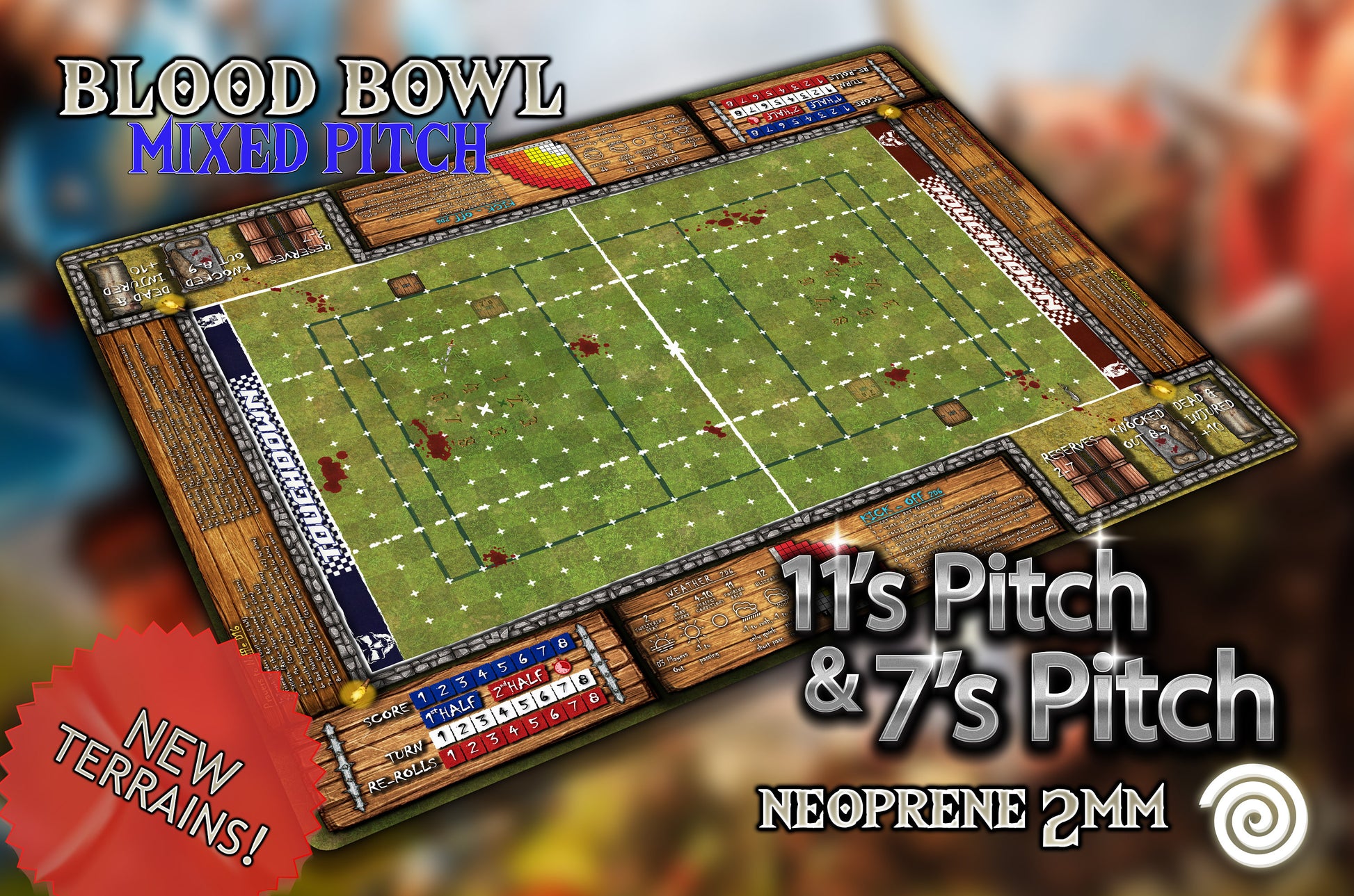 Tapete compatible con Blood Bowl ( 7's pitch & 11's pitch) Revisado con reglas 2a Edición 2020.