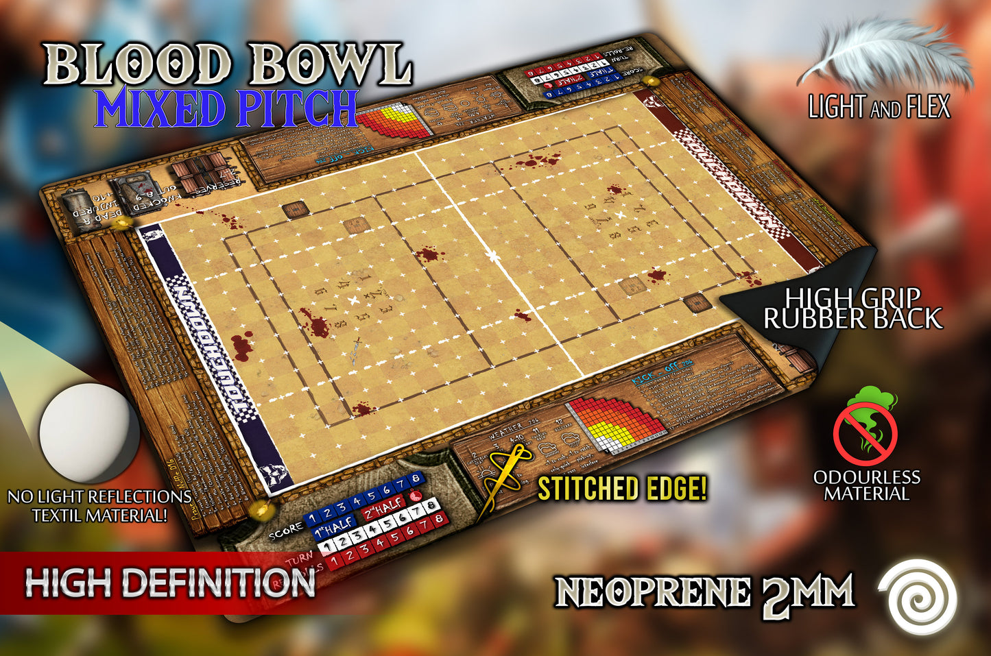 Tapete compatible con Blood Bowl ( 7's pitch & 11's pitch) Revisado con reglas 2a Edición 2020.